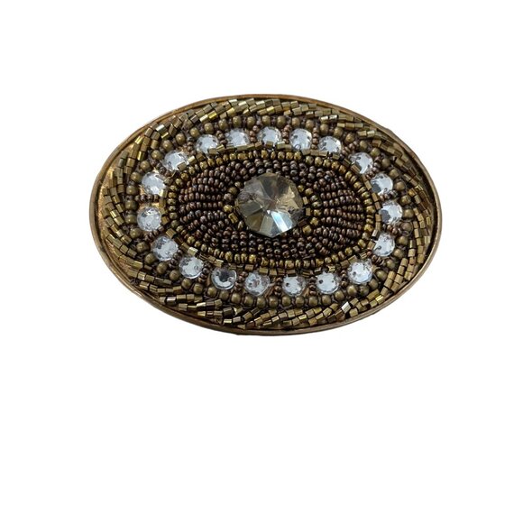 Chicos Adjustable Belt Size Medium Brass Rhinestone Embellished Oval Bling Brown - Picture 4 of 6